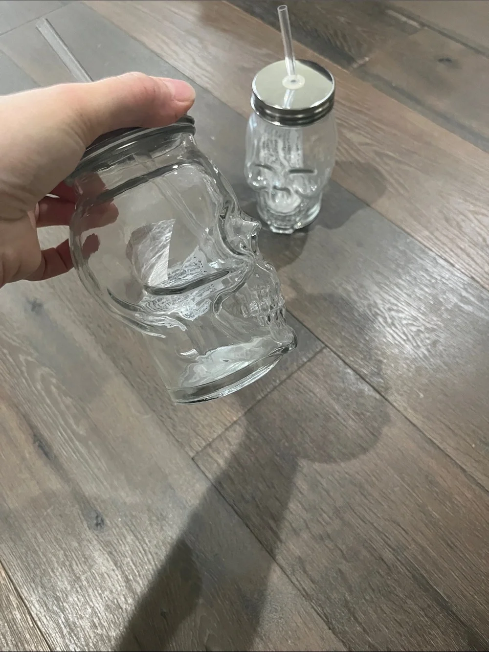 Clear Skull Mason Jar Tumblers with Silver Lids and Straws